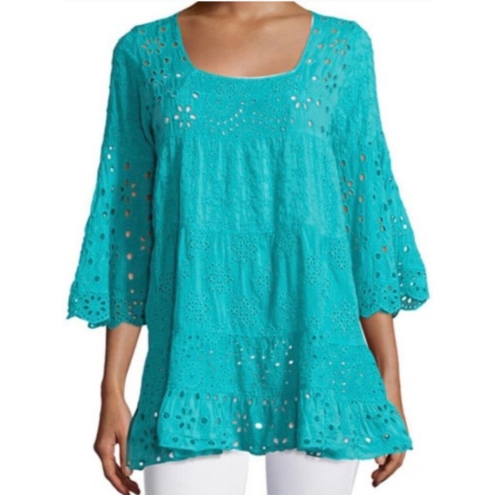 Johnny Was Turquoise Teal Eyelet Tunic Top Boho Bell Sleeve XS Oversized
